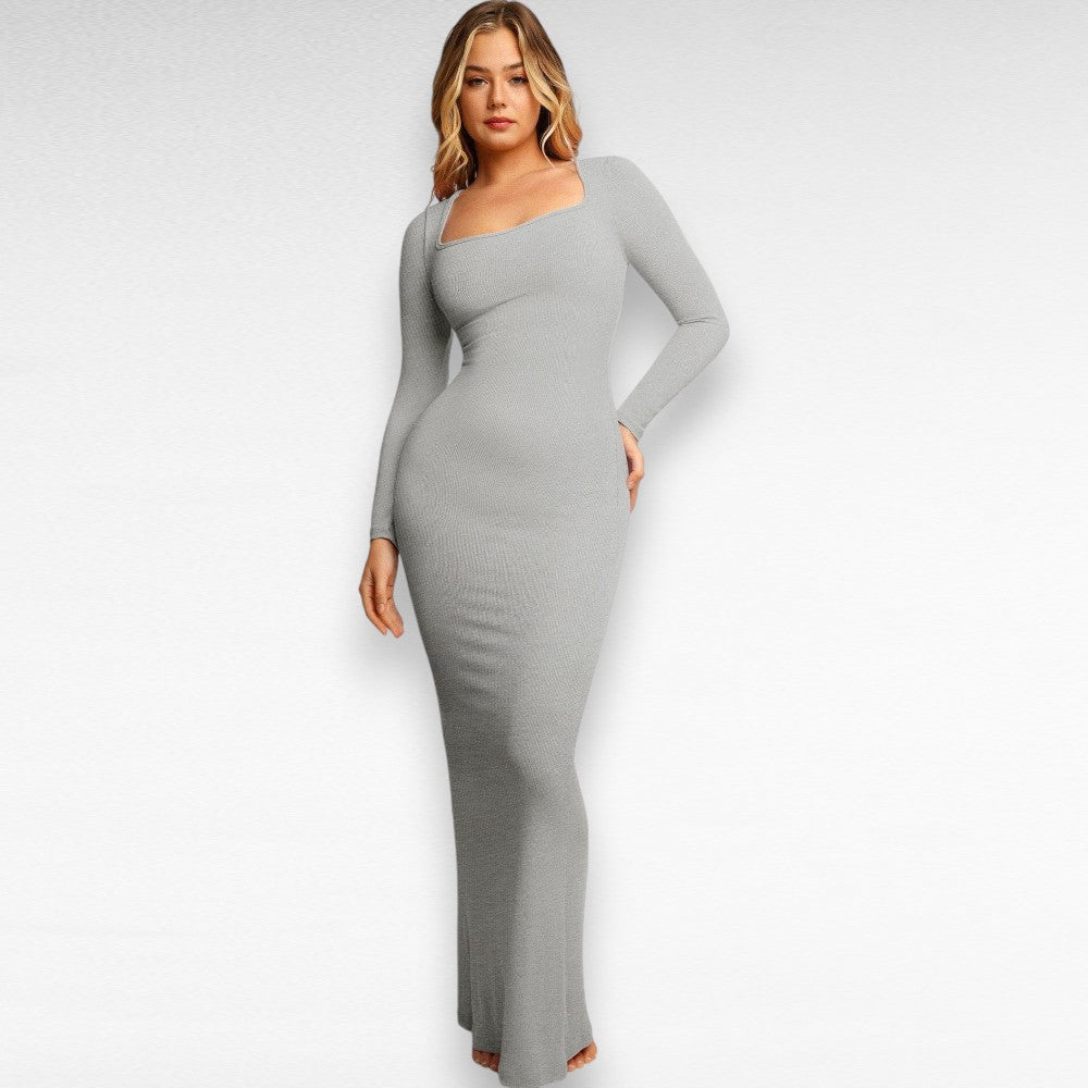 Sculpting Shapewear Lounge Dress Bodycon Dress Long Sleeve Maxi / Grey / S