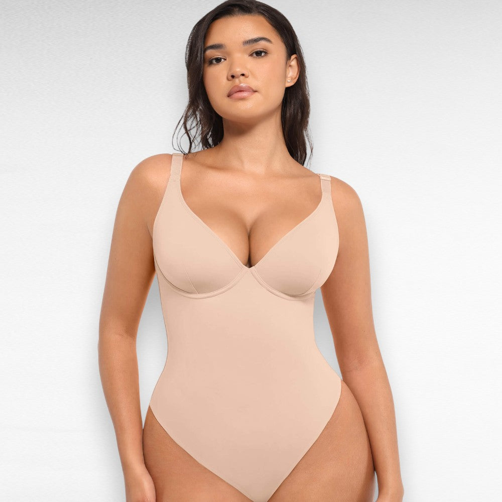 Sculpting Shapewear V-Neck Thong Bodysuit Beige / S