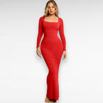 Sculpting Shapewear Lounge Dress Bodycon Dress Long Sleeve Maxi / Red / S