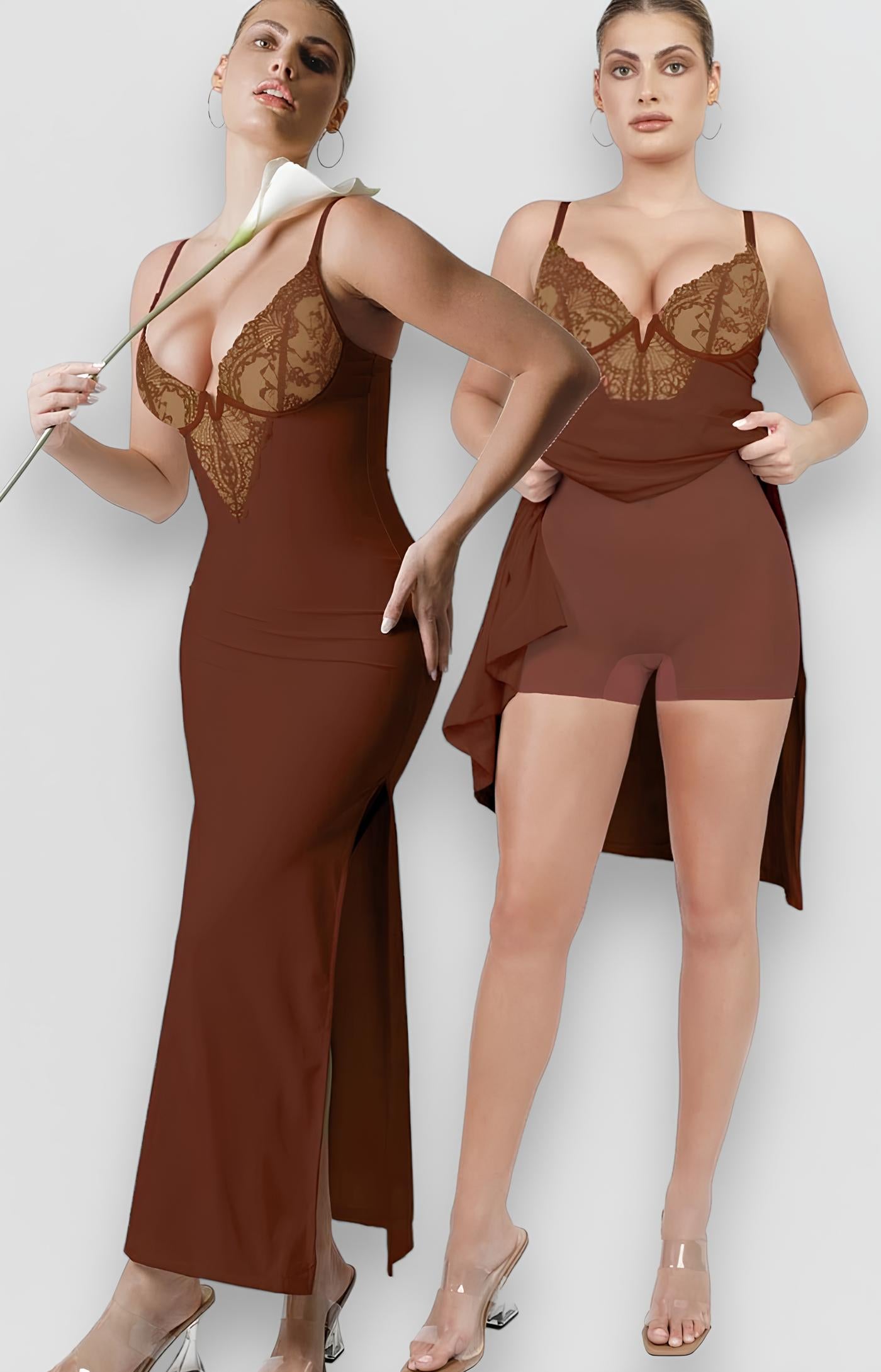 Sculpting Shapewear V-Neck Lace Dress XS / Brown