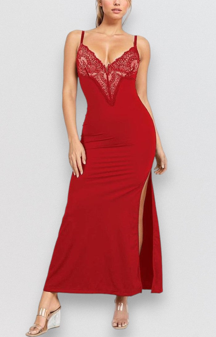 Sculpting Shapewear V-Neck Lace Dress XS / Red