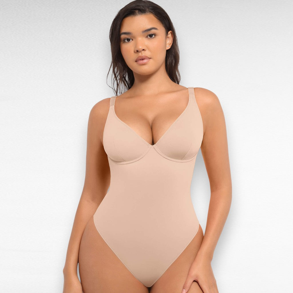 Sculpting Shapewear V-Neck Thong Bodysuit Beige / S