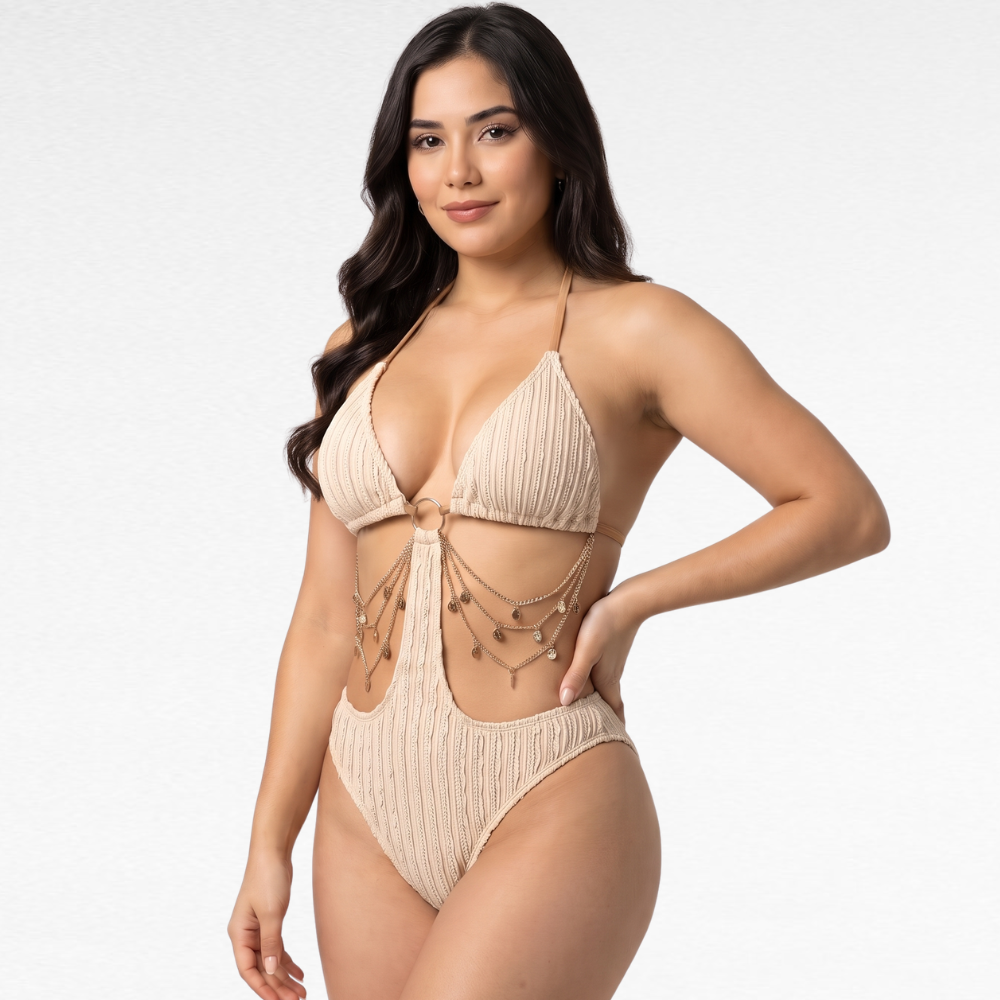 The Santorini Gold-Chain Swimsuit