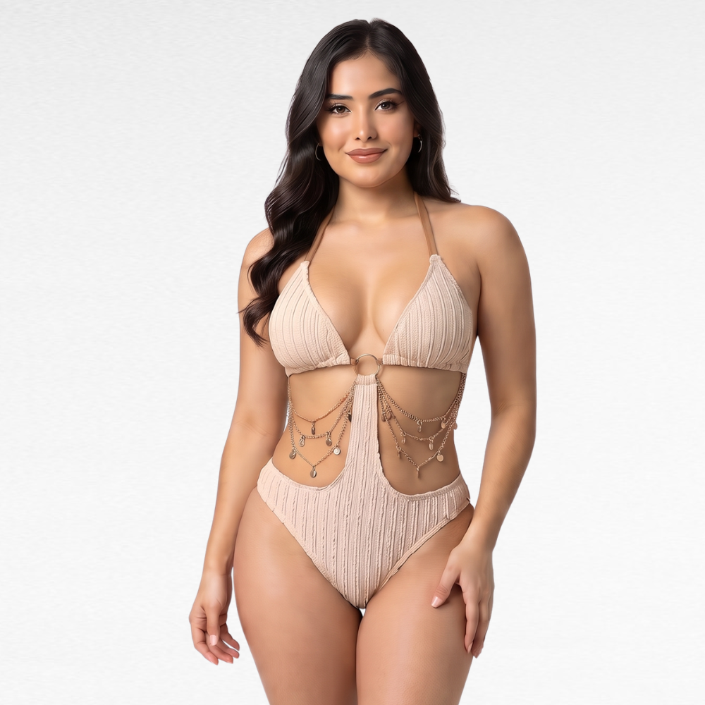 The Santorini Gold-Chain Swimsuit Khaki / S